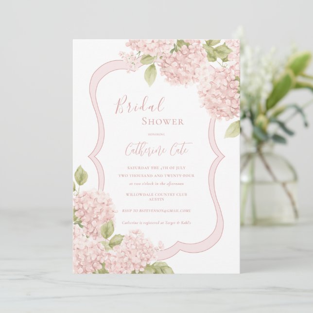 Floral Elegant Pink Hydrangea Bridal Shower  Invitation (Standing Front)