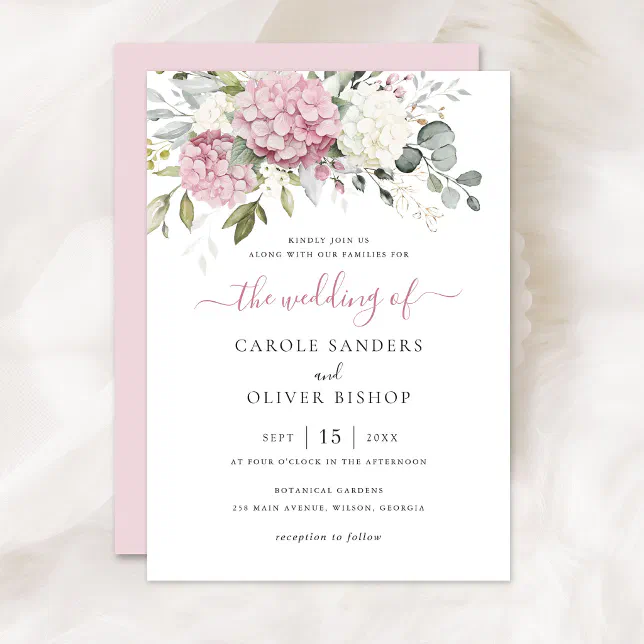 Floral Elegant Pink Hydrangea Greenery Wedding Invitation | Zazzle