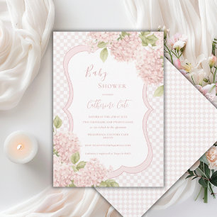 Floral Elegant Pink Hydrangea Plaid Baby Shower Invitation