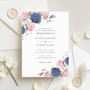 Floral Elegant Pink & Navy Blue Hydrangea Wedding Invitation