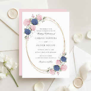 Floral Elegant Pink & Navy Blue Hydrangea Wedding Invitation