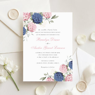Floral Elegant Pink & Navy Blue Hydrangea Wedding  Invitation