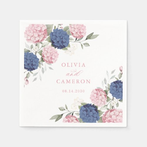Floral Elegant Pink Navy Blue Hydrangea Wedding Napkins