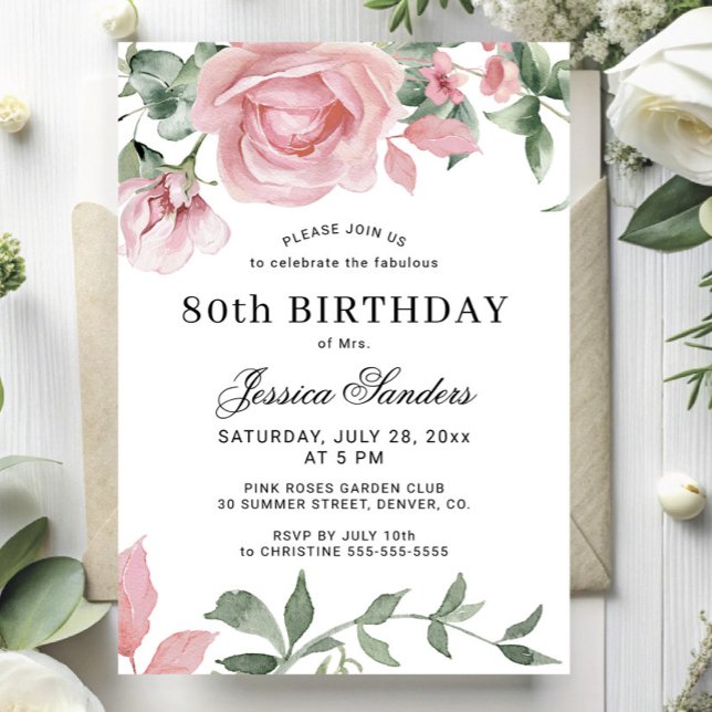 Floral elegant pink roses 80th birthday party invitation (Creator Uploaded)