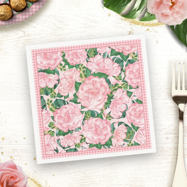 Floral Elegant Pink Roses and Monstera Summer Napkins (Creator Uploaded)
