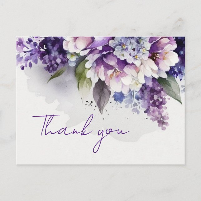 Floral Elegant Purple Chic Boho Wedding Thank You Postcard (Front)