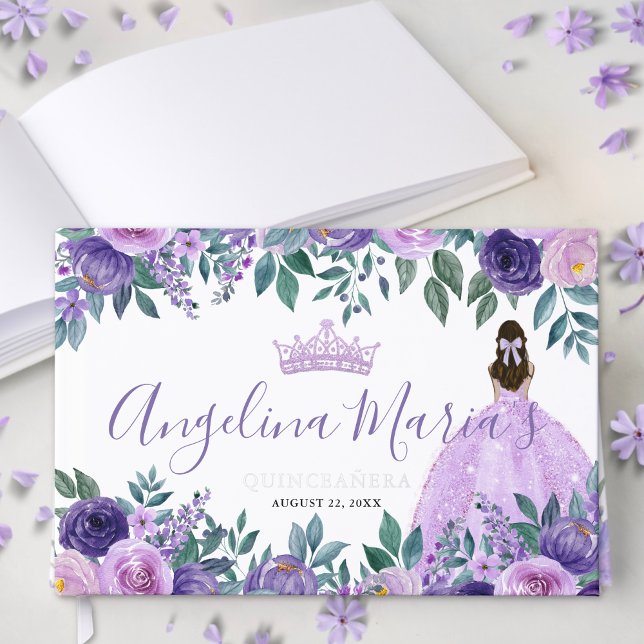 Floral Elegant Purple Quinceanera Foil Guest Book (Floral Elegant Purple Quinceanera Foil Guest Book)