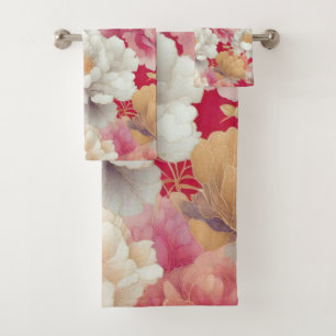 Floral elegant red bath towel set