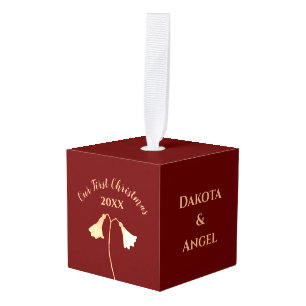 Floral Elegant Red Gold Couple's First Christmas Cube Ornament
