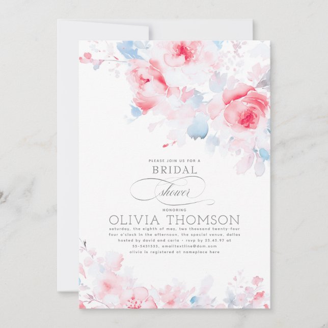 Floral Elegant Romantic Dusty Blue Bridal Shower Invitation (Front)