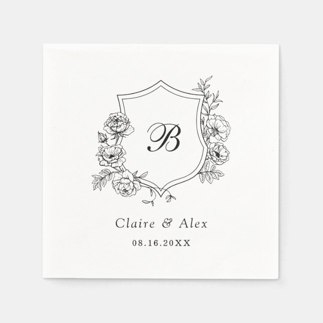 Floral Elegant Roses Crest Dusty Black Monogram Napkins (Front)