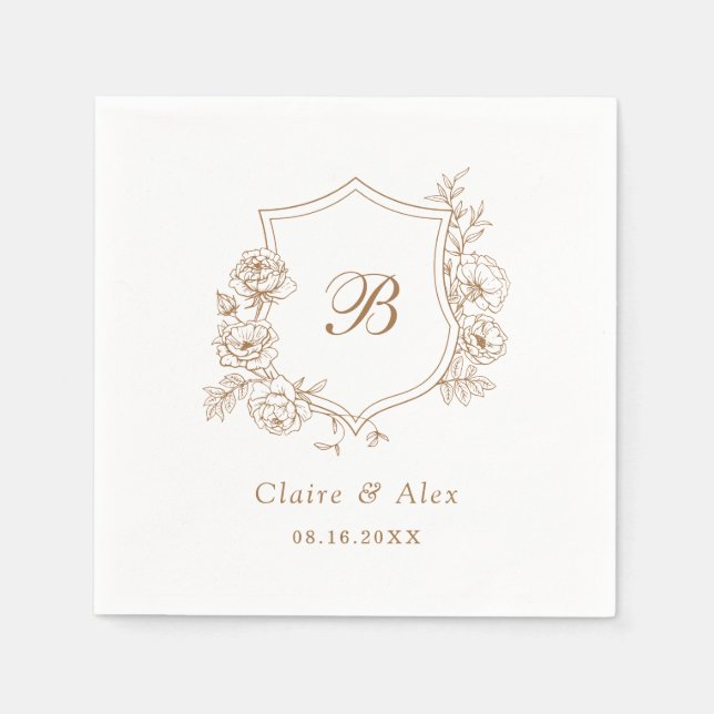 Floral Elegant Roses Crest Gold Monogram Napkins (Front)