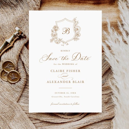 Floral Elegant Roses Crest Monogram Save the Date Invitation