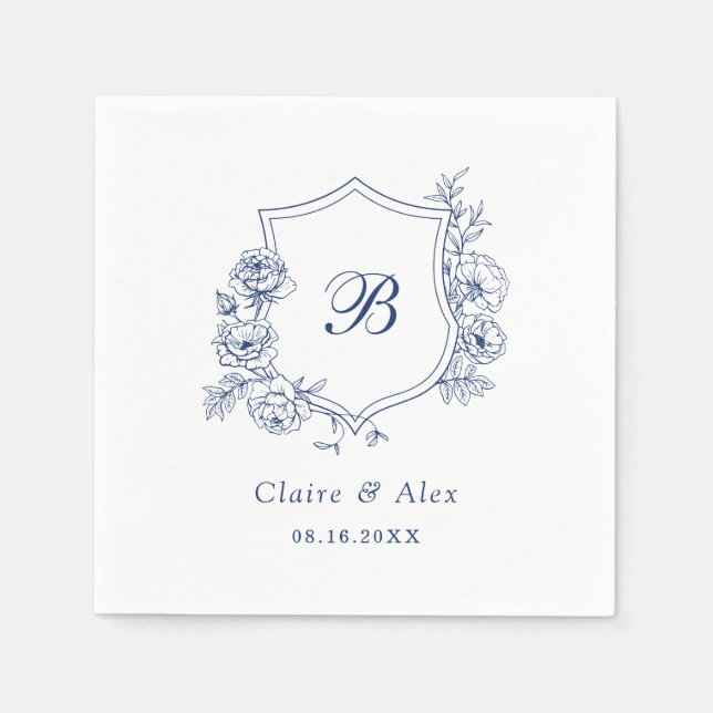 Floral Elegant Roses Crest Royal Blue Monogram Napkins (Front)