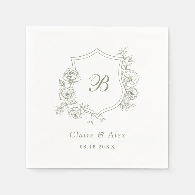 Floral Elegant Roses Crest Sage Green Monogram Napkins (Front)