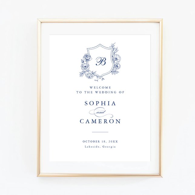 Floral Elegant Roses Monogram Crest Welcome Sign (Creator Uploaded)