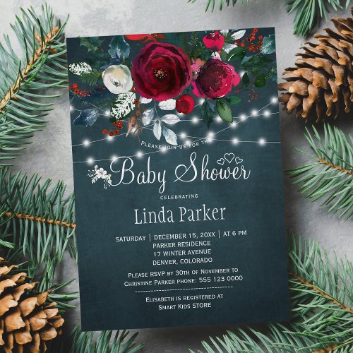 Floral elegant rustic burgundy navy baby shower invitation