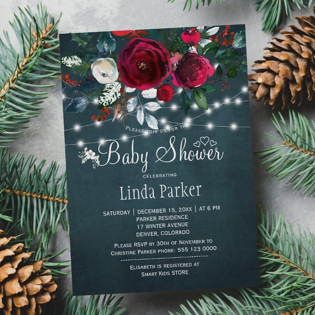 Floral elegant rustic burgundy navy baby shower invitation (Creator Uploaded)