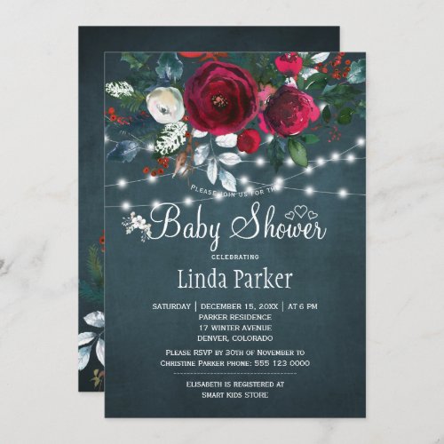 Floral elegant rustic burgundy navy baby shower invitation