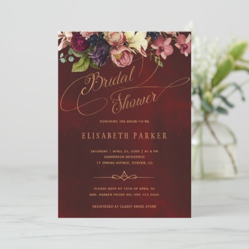 Floral elegant script burgundy bridal shower invitation