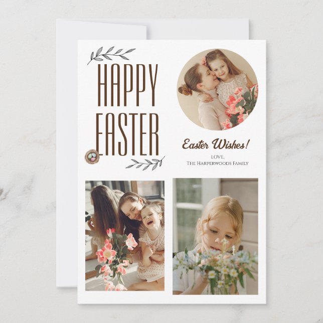 Floral Elegant Script Easter Family Three Photo Holiday Card (Front)