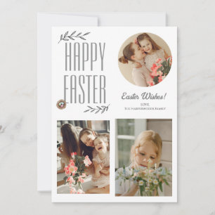 Floral Elegant Script Easter Family Three Photo Holiday Card