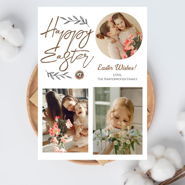 Floral Elegant Script Easter Family Three Photo Holiday Card (Creator Uploaded)