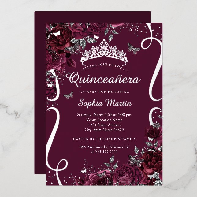 Floral Elegant Scroll Burgundy Quinceanera Foil Invitation (Front/Back)