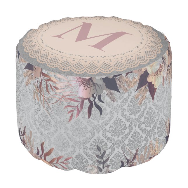  Floral Elegant Silver Damask Monogram Pouf (Angled Back)