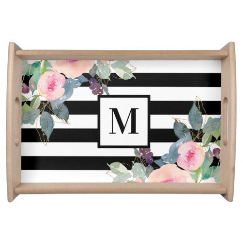 Floral Elegant Stripes Monogram Pink Black White Serving Tray