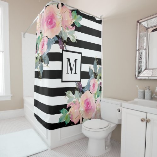Floral Elegant Stripes Monogram Pink Black White Shower Curtain