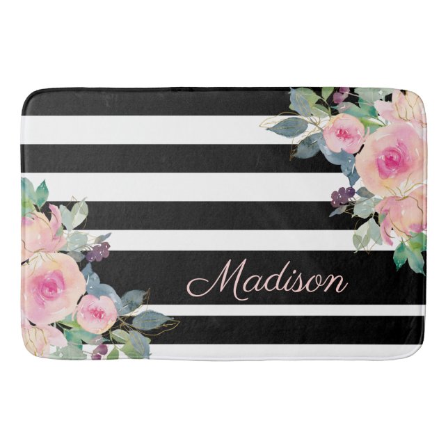 Floral Elegant Stripes Name Pink Black White Bath Mat (Front)