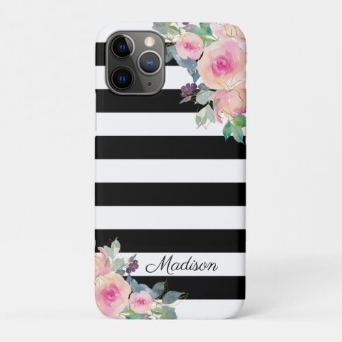 Floral Elegant Stripes Name Pink Black White iPhone 11 Pro Case