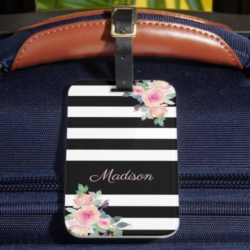 Floral Elegant Stripes Name Pink Black White Luggage Tag