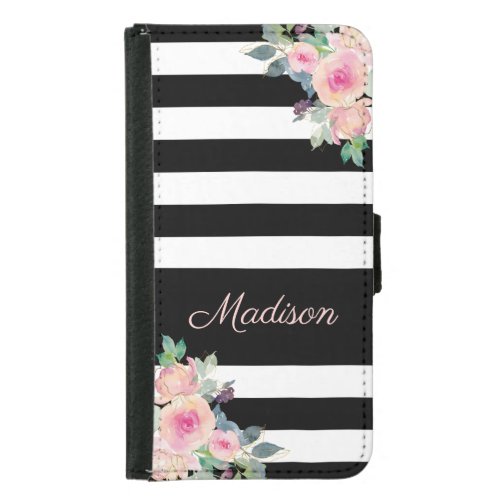 Floral Elegant Stripes Name Pink Black White Samsung Galaxy S5 Wallet Case