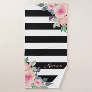 Floral Elegant Stripes Pink Black White Custom Bath Towel
