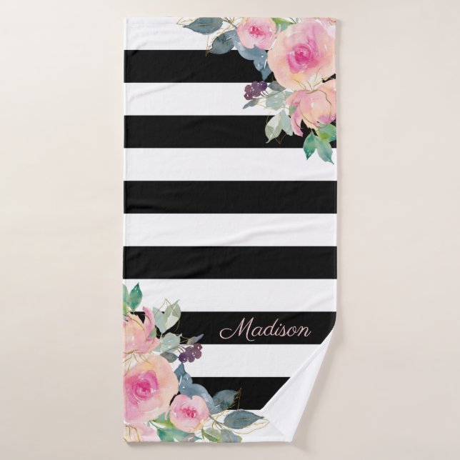 Floral Elegant Stripes Pink Black White Custom Bath Towel (Bath Towel)