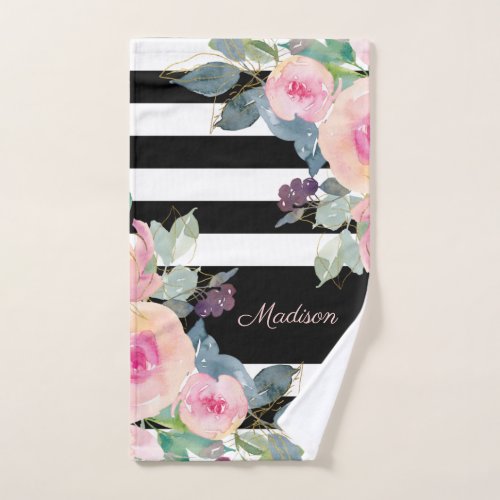 Floral Elegant Stripes Pink Black White Custom Hand Towel