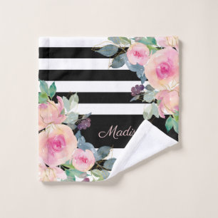 Floral Elegant Stripes Pink Black White Custom Wash Cloth