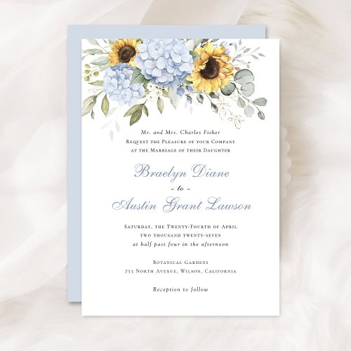 Floral Elegant Sunflowers Blue Hydrangea Wedding Invitation