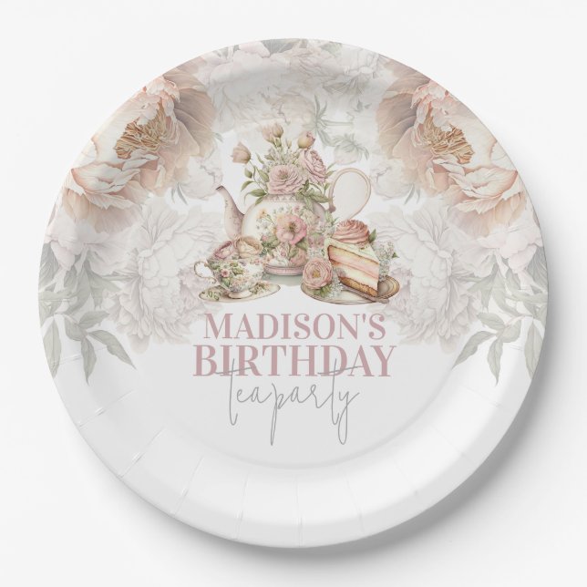 Floral elegant Tea Party Birthday Paper Plates (Front)