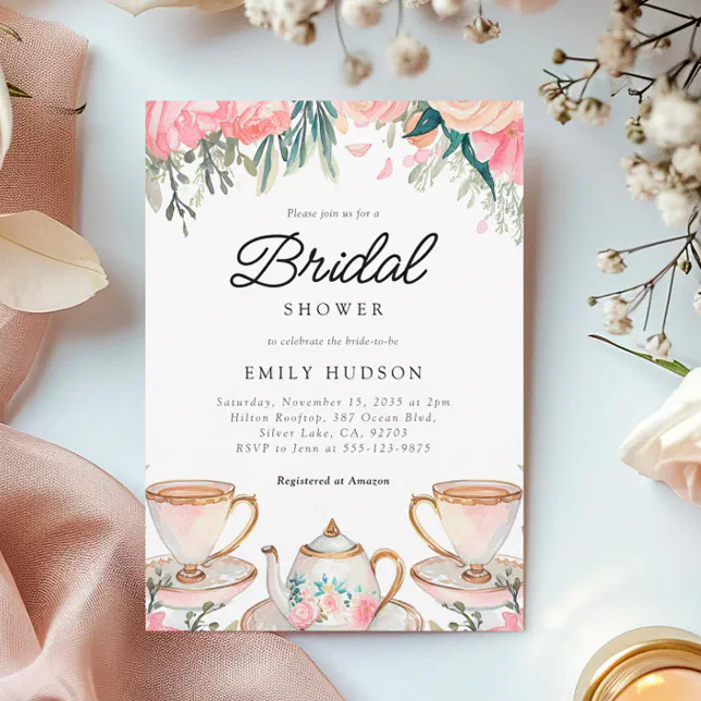 Floral Elegant Tea Party Bridal Shower Invitation | Zazzle