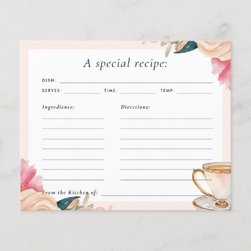 Floral Elegant Tea Party Bridal Shower Recipe Card