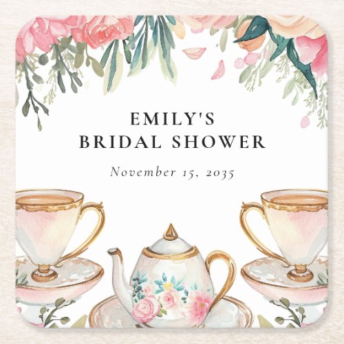 Floral Elegant Tea Party Bridal Shower Square Paper Coaster