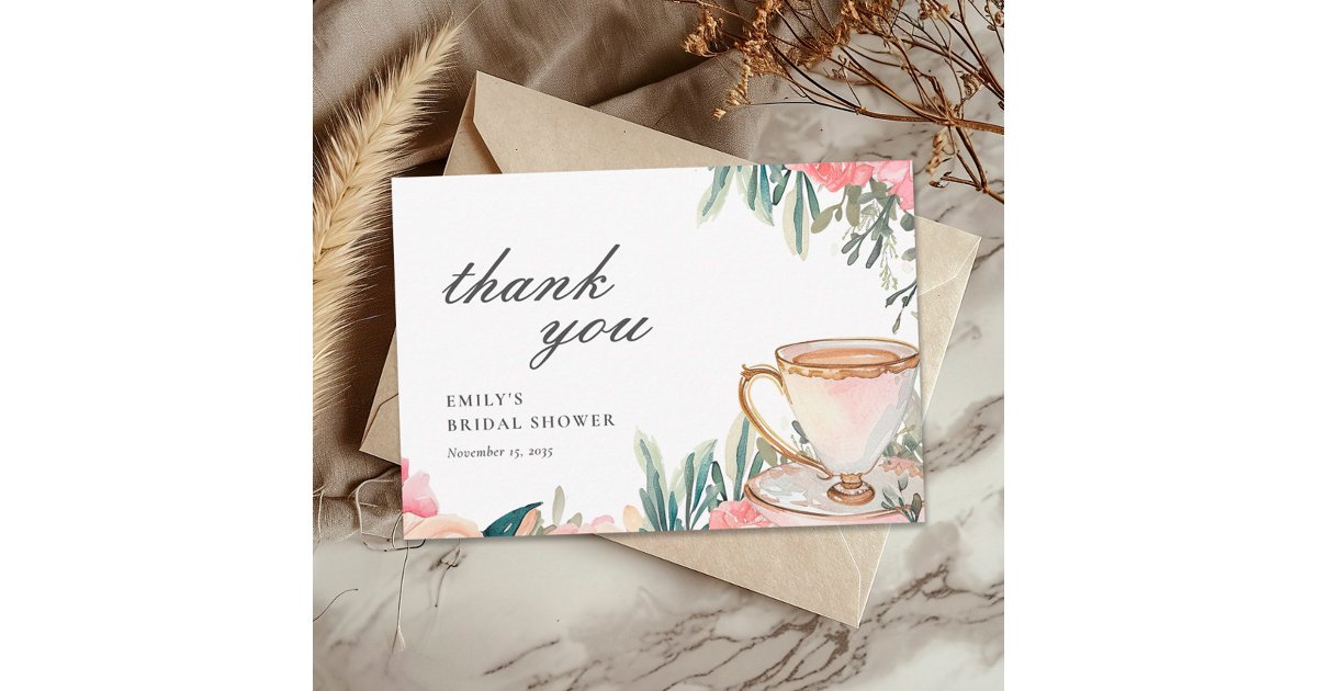 Floral Elegant Tea Party Bridal Shower Thank You Card | Zazzle