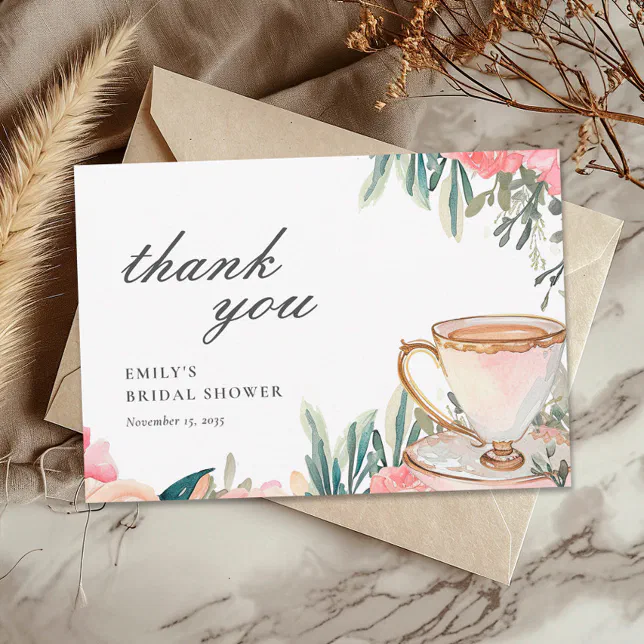 Floral Elegant Tea Party Bridal Shower Thank You Card | Zazzle