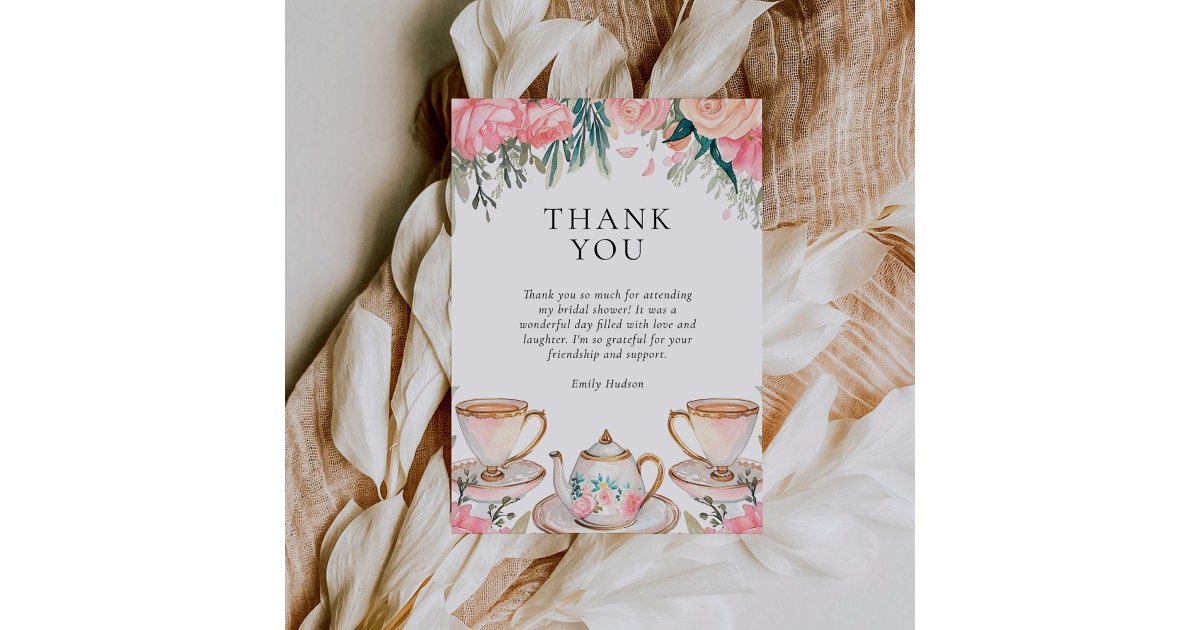 Floral Elegant Tea Party Bridal Shower Thank You Card | Zazzle