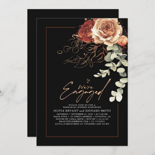 Floral Elegant Terracotta Black Engagement Party Invitation