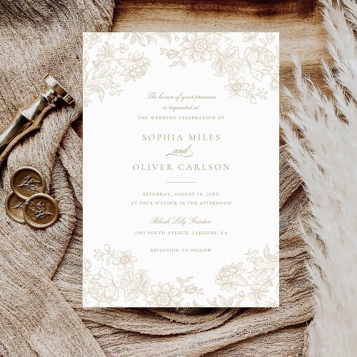 Floral Elegant Vintage Beige Neutral Wedding Invitation