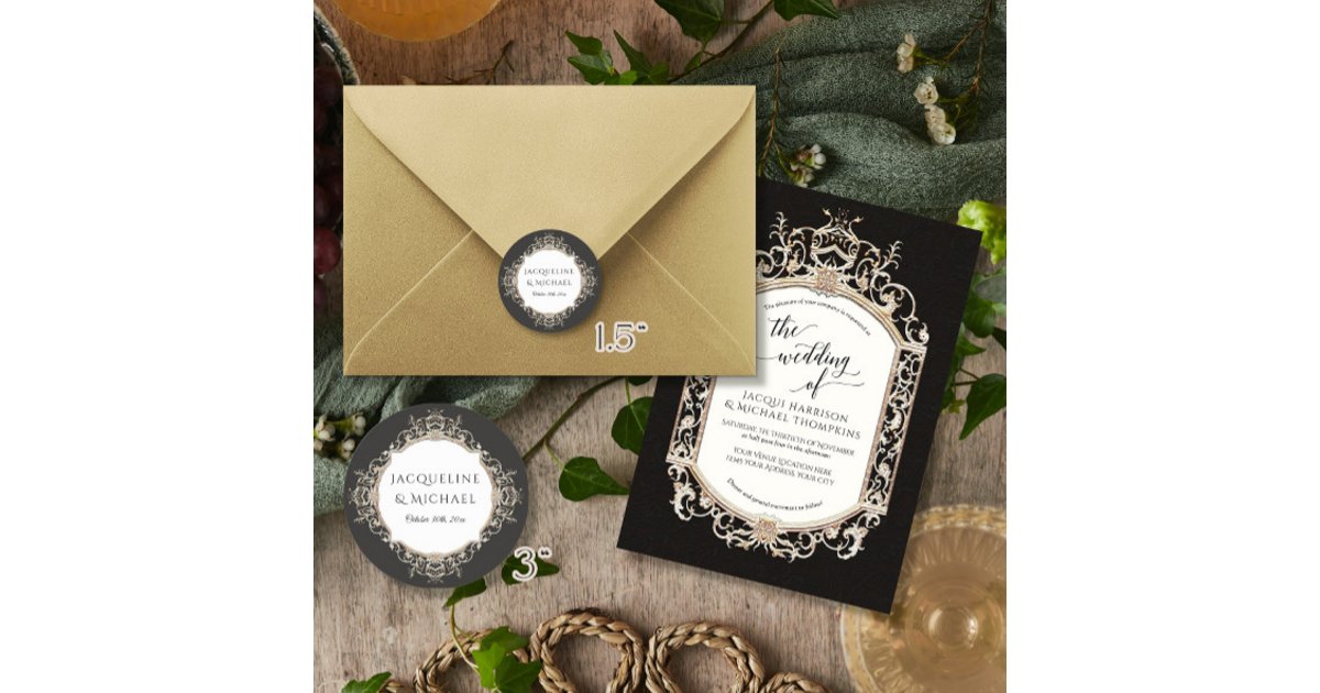 Floral Elegant Vintage Black n White Gold Wedding Classic Round Sticker ...